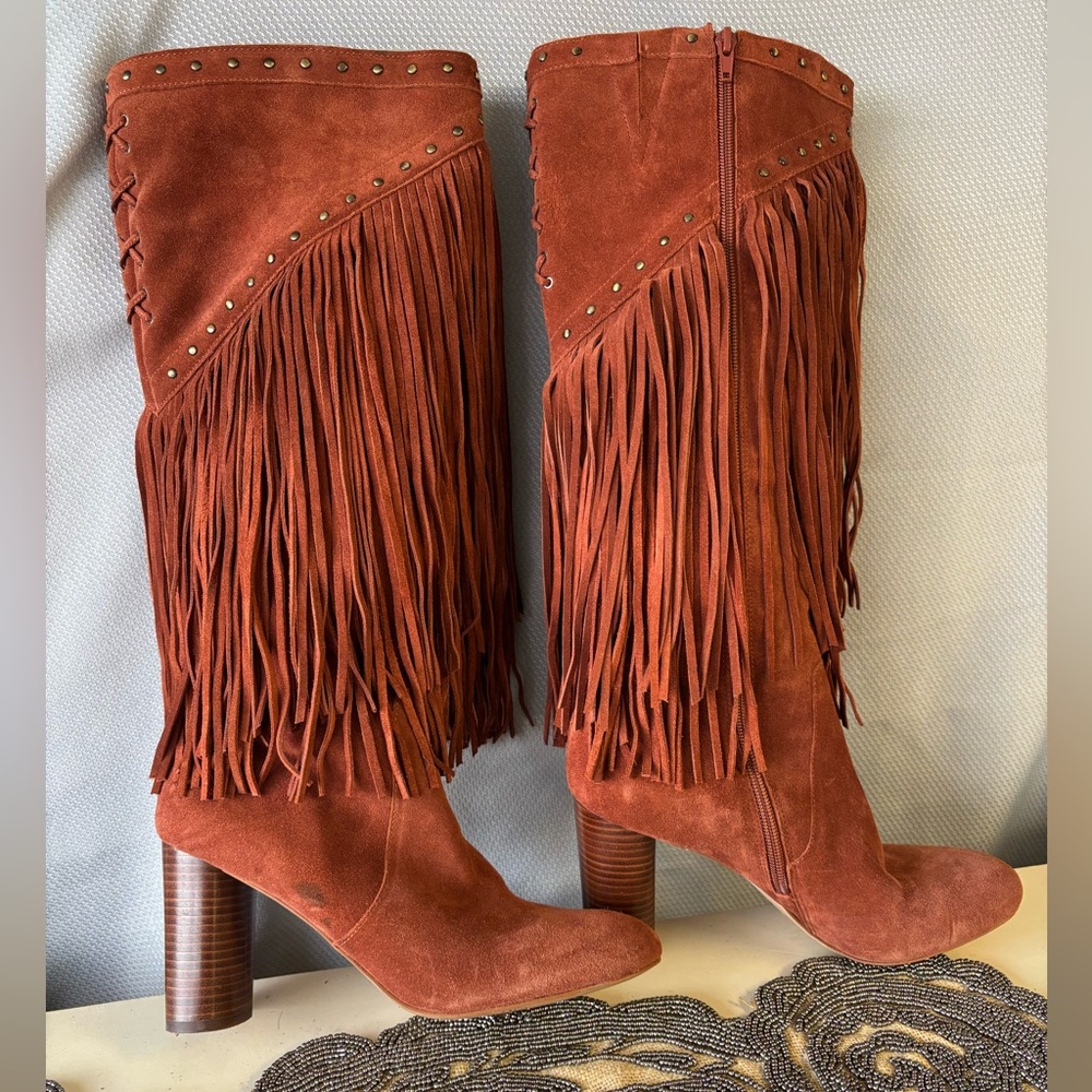 Fringe Suede Knee-High Boots - Rust